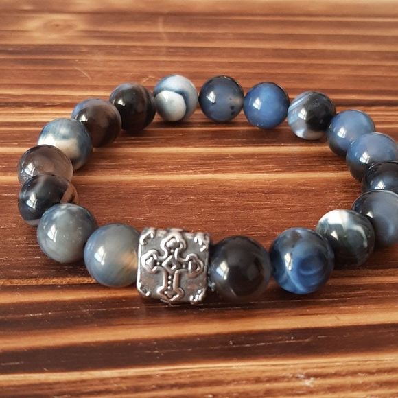 Wicked Treasures Other - Dreamy Gray Blue Fire Agate & Cross Unisex Stretch Bracelet